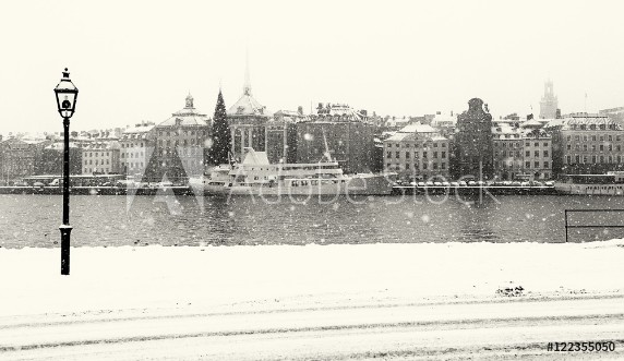 Picture of Stockholm city on a snowy winter day Black and white image